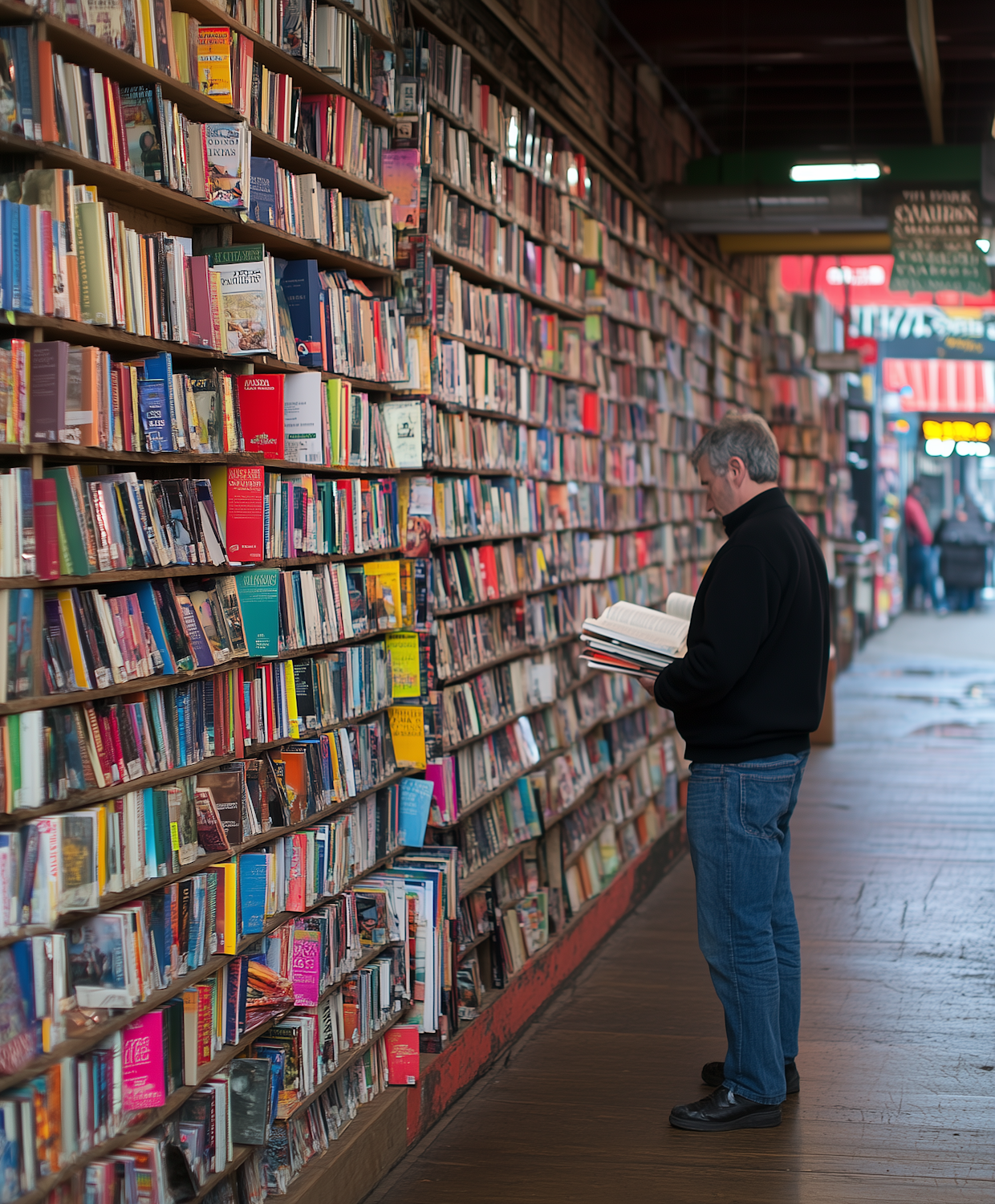 A person scans a vast shelf of books in a bookstore, searching for a title that promises a good laugh amidst countless options.