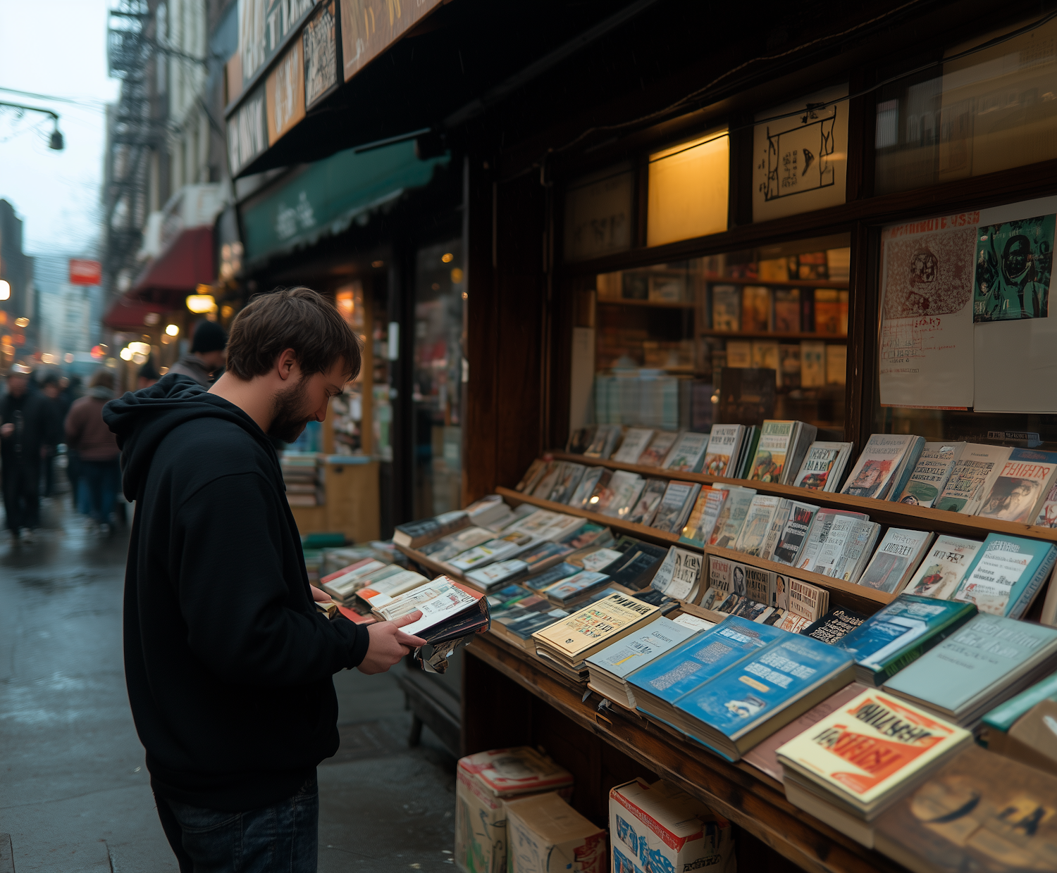 A knowledgeable bookseller engaging with a customer, recommending a book that promises to deliver a genuine laugh based on their preferences.
