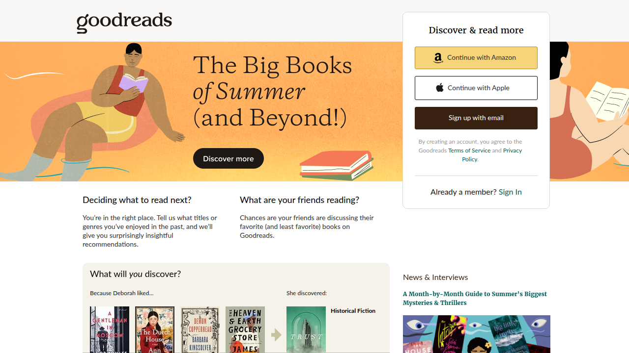 A screenshot of the Goodreads homepage, a popular online platform for book lovers to track reads, read reviews, and discover new titles.
