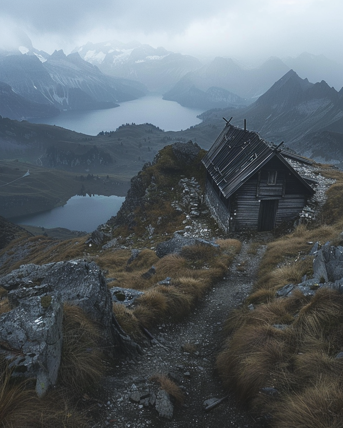 A scene depicting a couple in a remote, modern cabin looking uneasy and suspicious of each other, with an unseen presence suggested in the background, symbolizing domestic noir.