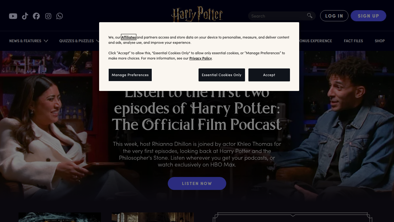 A screenshot of the official Harry Potter website, a central hub for news, features, and content related to the beloved wizarding world.