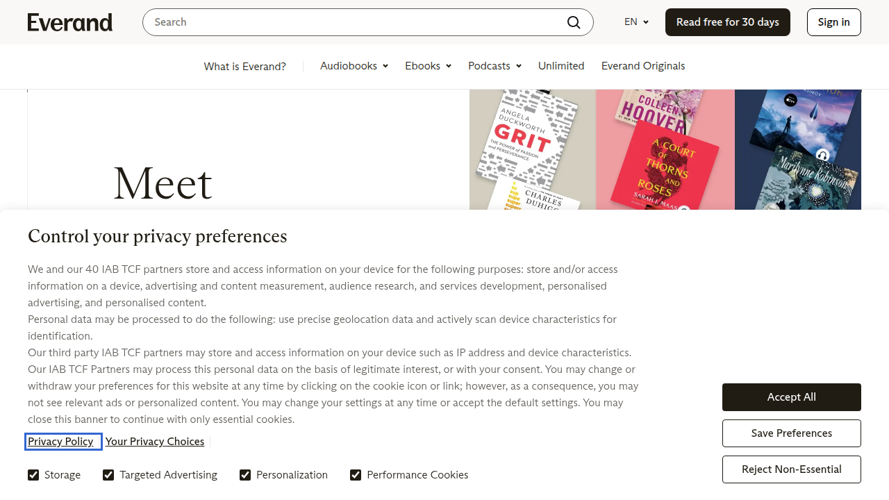 A screenshot of the Everand homepage, an online platform offering a vast library of e-books, audiobooks, and series.