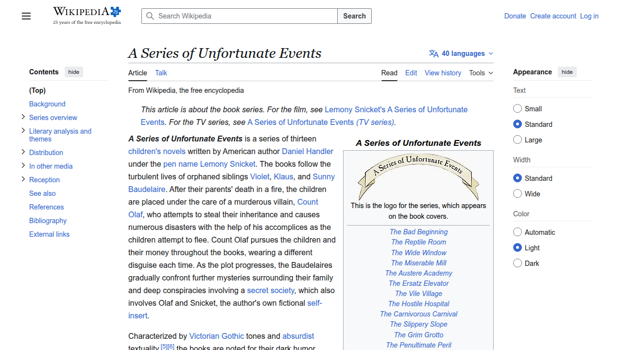 A screenshot of the Wikipedia page for 'A Series of Unfortunate Events,' providing an encyclopedia overview of the acclaimed book series.