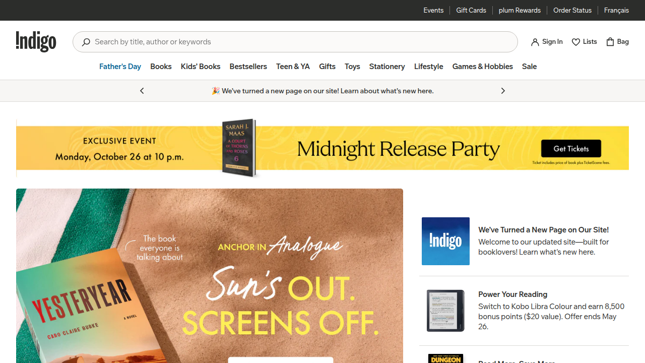 Visit Indigo Books online, showcasing their broad selection and commitment to reader discovery.