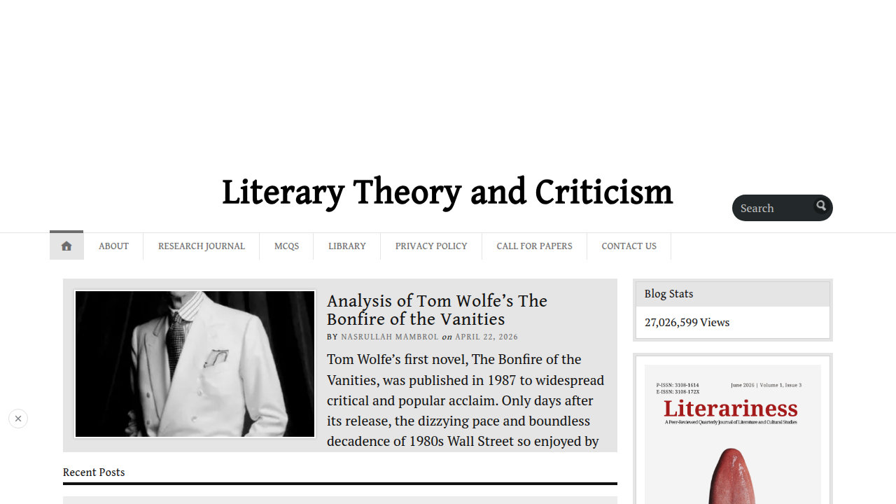 Screenshot of Literariness.org, a resource for literary analysis and criticism.