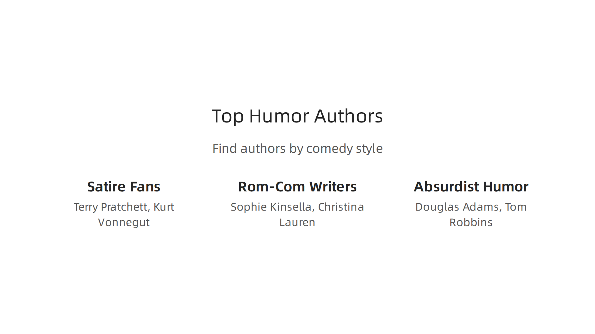 Explore different types of humor and find authors matching your comedy style.