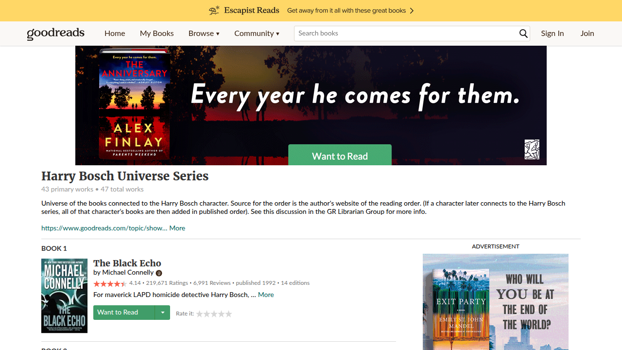 Goodreads offers community-curated lists and discussions on interconnected book series, including Michael Connelly's.