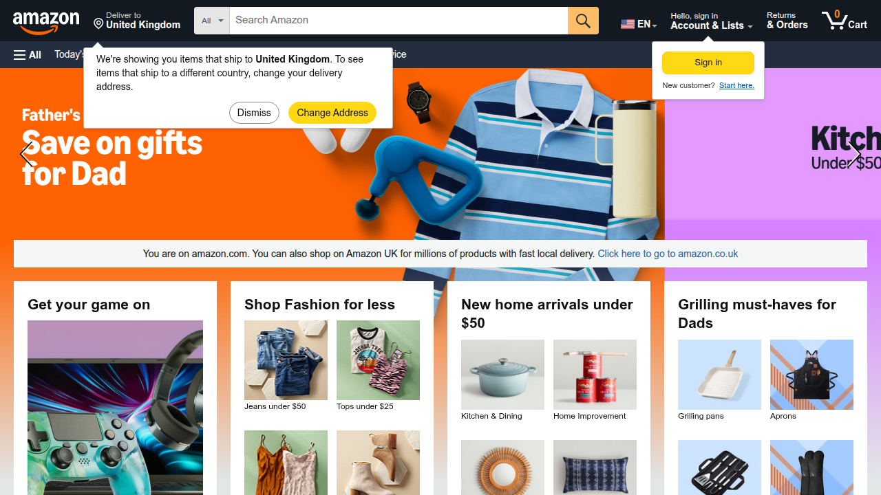 The homepage of Amazon.com, a global online marketplace for books and other products.