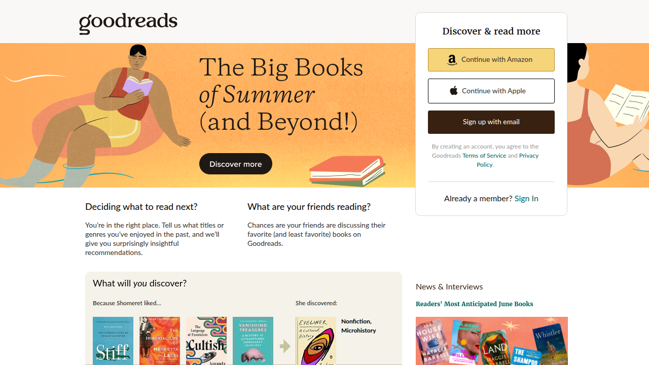A screenshot of Goodreads, a popular social cataloging website for books, used for reader ratings and reviews.